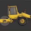 Yellow Road Roller With Large Drum Cab And Worn Tires On Reflective Surface