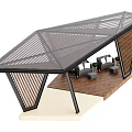 Modern Pergola Design With Geometric Metal Frame Openwork Roof And Outdoor Seating