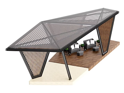 Modern Pergola Design With Geometric Metal Frame Openwork Roof And Outdoor Seating 3d model