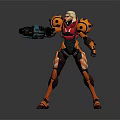 Futuristic Armored Female Character With Orange Red Armor Mechanical Arm And Weapon Design