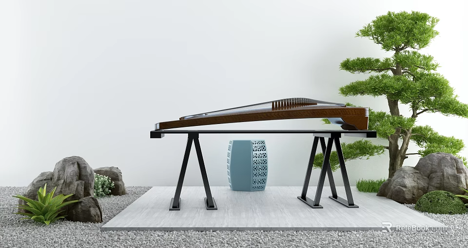 Chinese Zither Musical Instrument And Watercolor Art Supplies With Green Plants Stones In Modern Room 3d model 