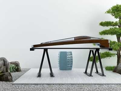 Chinese Zither Musical Instrument And Watercolor Art Supplies With Green Plants Stones In Modern Room 3d model