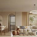 Warm Modern Living And Dining Room With Arched Door Wooden Decor White Sofa Green Plants