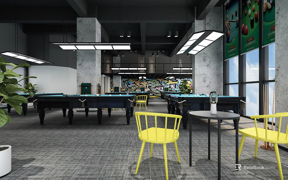 Modern Industrial Billiard Room With Multiple Tables Yellow Chairs And Lighting 3d model 