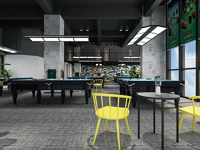 Modern Industrial Billiard Room With Multiple Tables Yellow Chairs And Lighting 3d model
