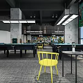 Modern Industrial Billiard Room With Multiple Tables Yellow Chairs And Lighting