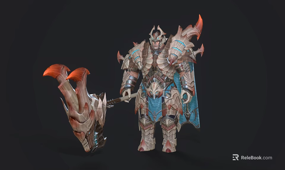 Game and Movie Warrior Character in Intricate Gray Orange Blue Armor with Giant Weapon 3d model 