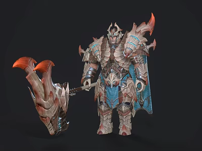 Game and Movie Warrior Character in Intricate Gray Orange Blue Armor with Giant Weapon 3d model
