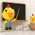 Yellow Chicken Dolls with Pointer Near Blackboard Books and Star Decorations on Tiled Wall