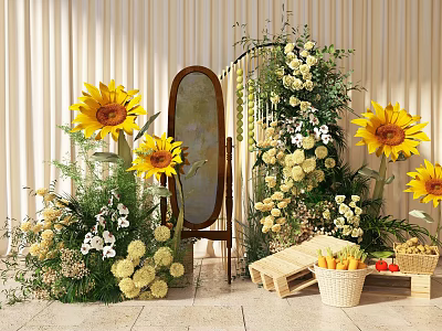Floral Decor with Sunflowers Mirror Greenery and Baskets in Elegant Beige Interior 3d model