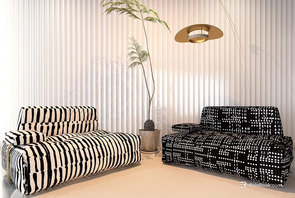 Black and White Patterned Lazy Sofa in Living Room with Blinds Plant and Pendant Light 3d model 