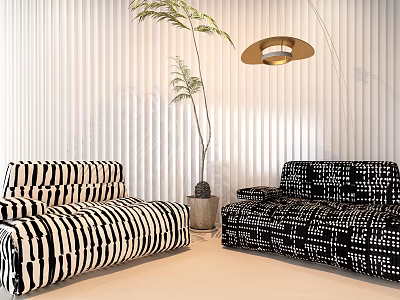 Black and White Patterned Lazy Sofa in Living Room with Blinds Plant and Pendant Light 3d model