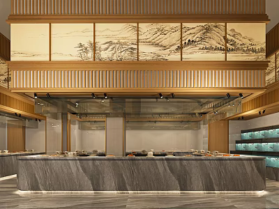 Modern Restaurant Interior With Wooden Decor Landscape Paintings And Bar Counter 3d model