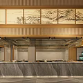 Modern Restaurant Interior With Wooden Decor Landscape Paintings And Bar Counter
