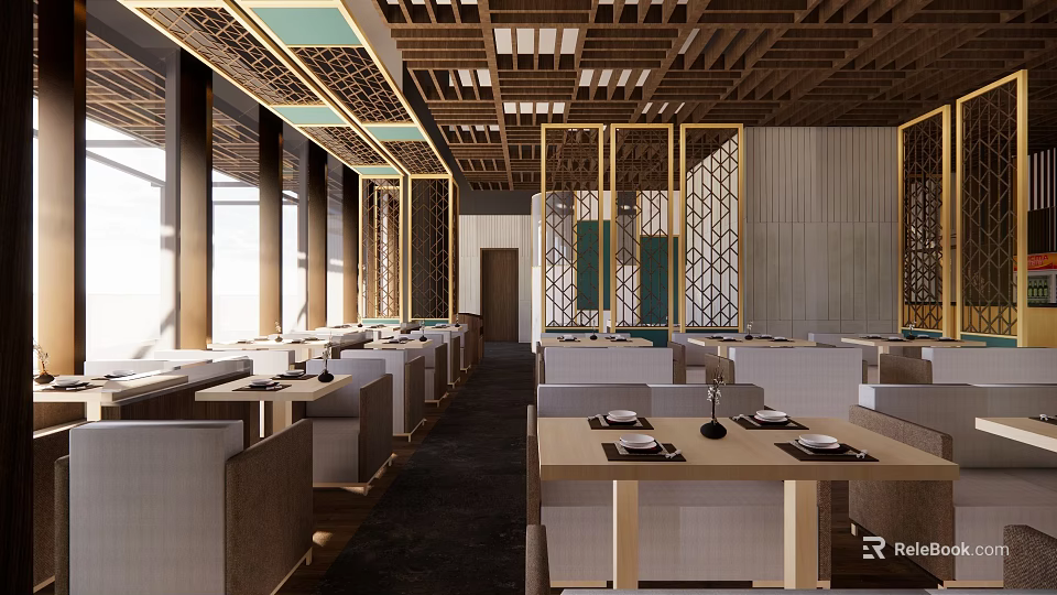 Modern Restaurant Interior With Wooden Ceiling Lattice Design Dining Tables And Natural Light 3d model 