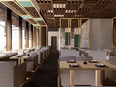Modern Restaurant Interior With Wooden Ceiling Lattice Design Dining Tables And Natural Light 3d model