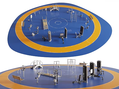 Outdoor Circular Sports Training Area With Blue Yellow Floor And Multiple Fitness Equipment 3d model