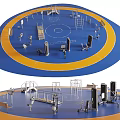 Outdoor Circular Sports Training Area With Blue Yellow Floor And Multiple Fitness Equipment