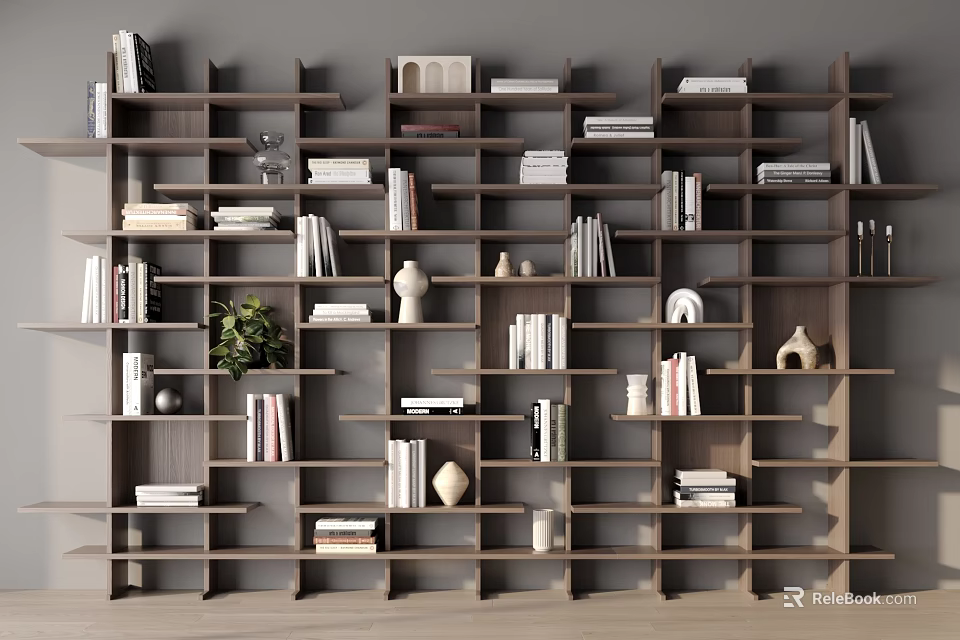 Modern Wooden Multilayer Bookshelf With Books Decorative Items And Green Plant 3d model 