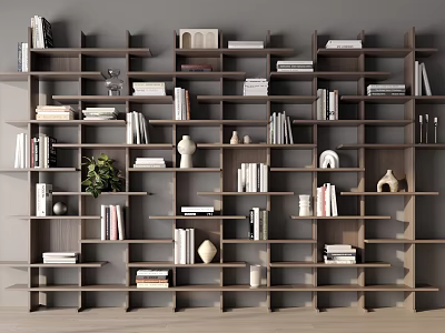 Modern Wooden Multilayer Bookshelf With Books Decorative Items And Green Plant 3d model