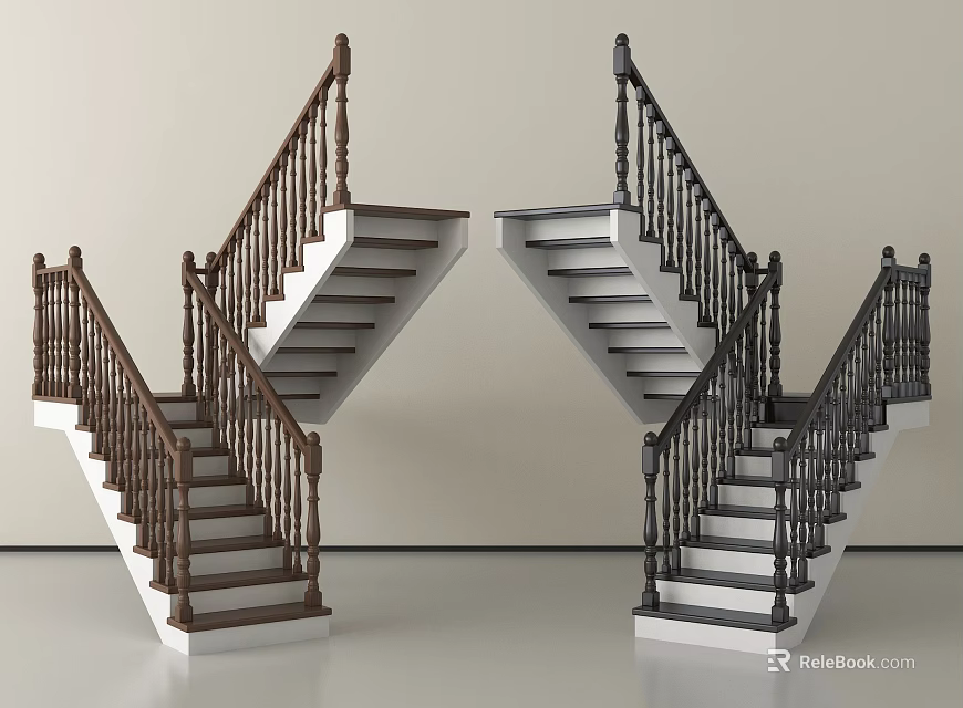 Different Staircase Designs With Brown Black Railings And White Steps 3d model
