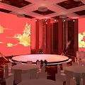 Elegant Banquet Hall With Round Stage Red Backdrop Golden Patterns And Warm Lighting