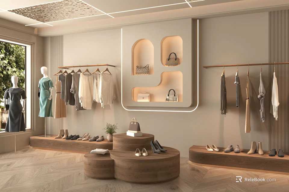 Elegant Clothing Store Interior Design With Clothing Racks Mannequin Shoes And Handbags 3d model 