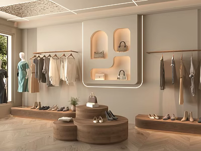 Elegant Clothing Store Interior Design With Clothing Racks Mannequin Shoes And Handbags 3d model
