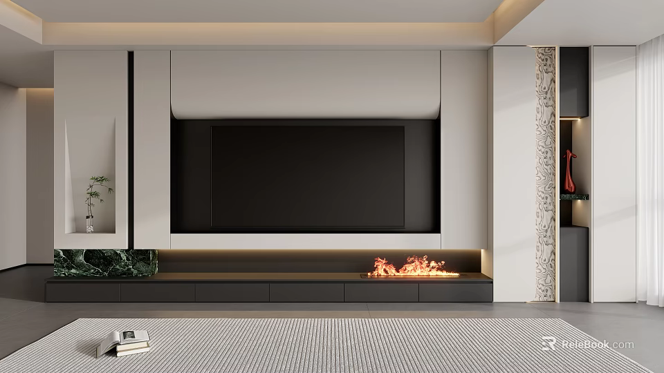 Modern Minimalist TV Background Cabinet With Built In Television And Warm Decorative Electric Fireplace Design 3d model 