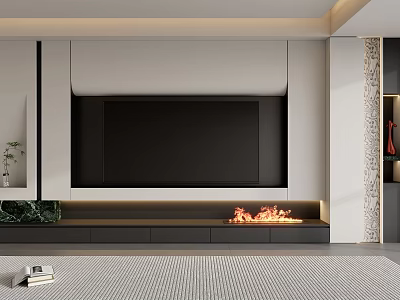Modern Minimalist TV Background Cabinet With Built In Television And Warm Decorative Electric Fireplace Design 3d model