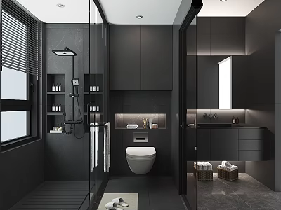 Modern Black Bathroom Interior Design With Glass Shower Toilet And Vanity Cabinets 3d model