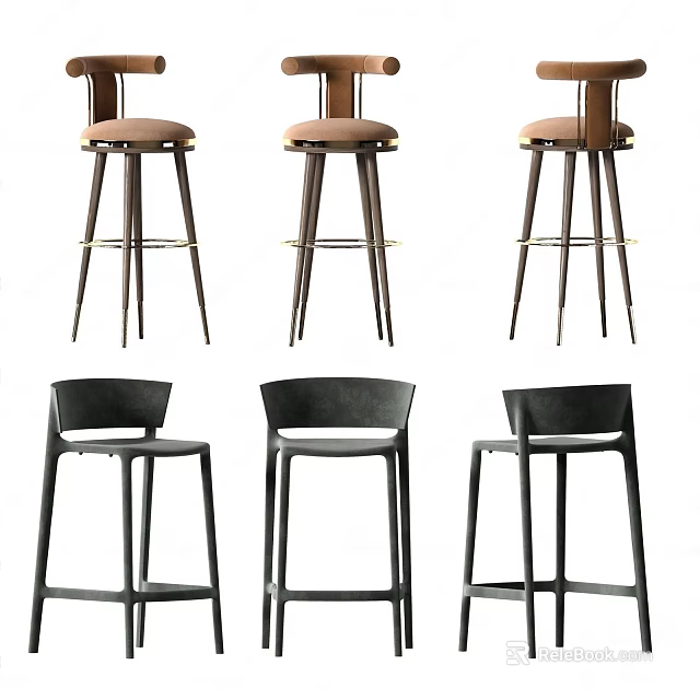 Modern Brown and Black Bar Stools with Sleek High Back and Tall Legs Design 3d model 