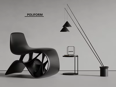 Black Poliform Modern Leisure Chair With Curved Design Side Table Pendant Lights And Floor Lamp 3d model