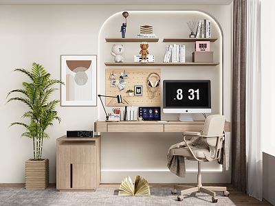 Modern Desk and Chair Desk and Chair Combination Office Desk Wall Hanging Bookshelf model