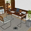 Modern Retro Study Middle Style Desk and Chair Combination Home Office Desk Leisure Chair Desktop Office Accessories Bookcase Books Computer Desk Lamp Carpet Potted Plant Combination 3d model