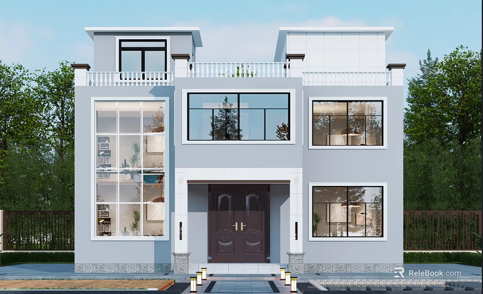 Modern Two Story Detached Villa With Large Windows Light Gray Facade And Green Surroundings 3d model 