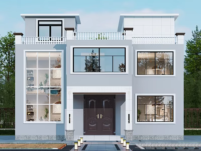 Modern Two Story Detached Villa With Large Windows Light Gray Facade And Green Surroundings 3d model
