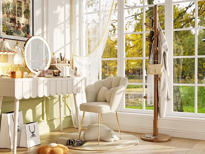 Elegant Dressing Table Interior With Round Mirror Cosmetics Cozy Chair And Window Trees 3d model