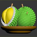 Fresh Cut Open Durian With Green Spiky Shell And Yellow Flesh On Golden Plate