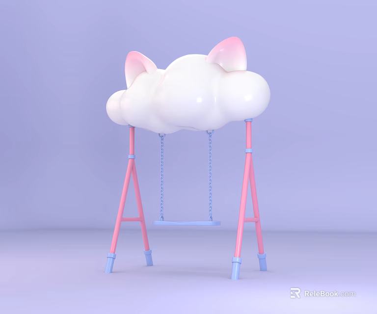 Whimsical Cloud Shaped Art Installation With Pink Cat Ears Pink Frame And Blue Swing Seat 3d model 