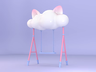 Whimsical Cloud Shaped Art Installation With Pink Cat Ears Pink Frame And Blue Swing Seat 3d model