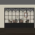 Modern Black Frame Sliding Doors with Arched Top and Frosted Glass Grid Design