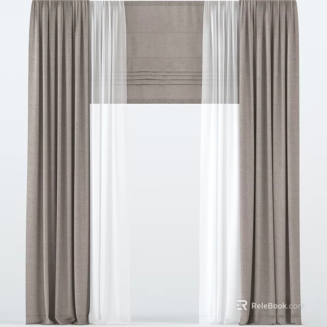 Gray Window Curtains With White Sheer Layers For Modern Home Decor 3d model