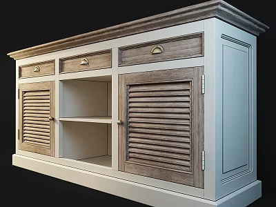Wooden Dresser With Shutter Doors Open Shelf And Metal Handles Light Dark Wood Grain 3d model