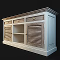Wooden Dresser With Shutter Doors Open Shelf And Metal Handles Light Dark Wood Grain
