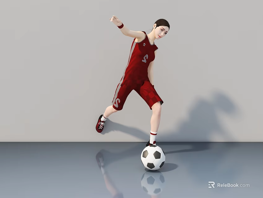 Man Kicking Soccer Ball In Red Sports Uniform With Gray Wall Smooth Floor Background 3d model 