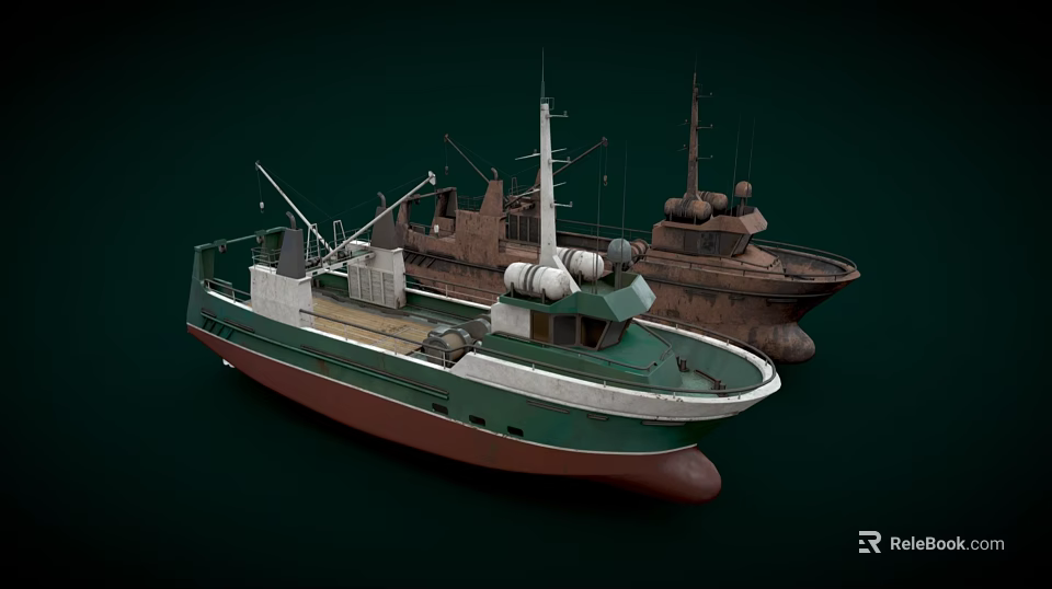 Two Vintage Fishing Boats With Green Brown Hulls And Deck Equipment 3d model 