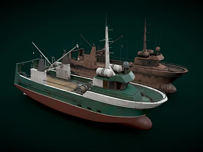 Two Vintage Fishing Boats With Green Brown Hulls And Deck Equipment 3d model