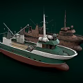 Two Vintage Fishing Boats With Green Brown Hulls And Deck Equipment
