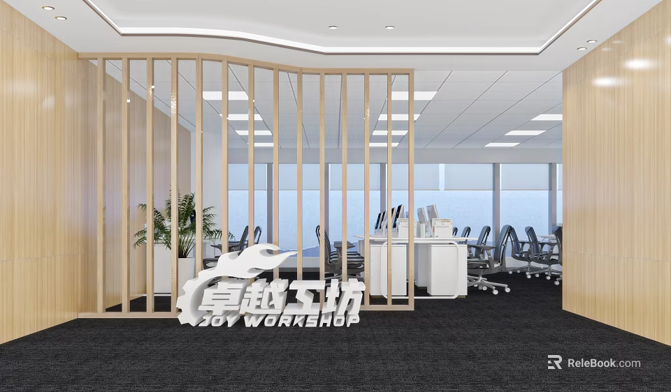 Modern Public Office Space with Open Layout Wooden Dividers Workstations and Green Plants 3d model 